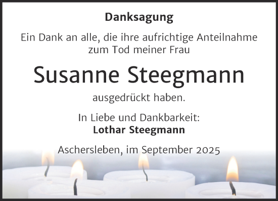 Traueranzeige von Susanne Steegmann von Trauerkombi Aschersleben