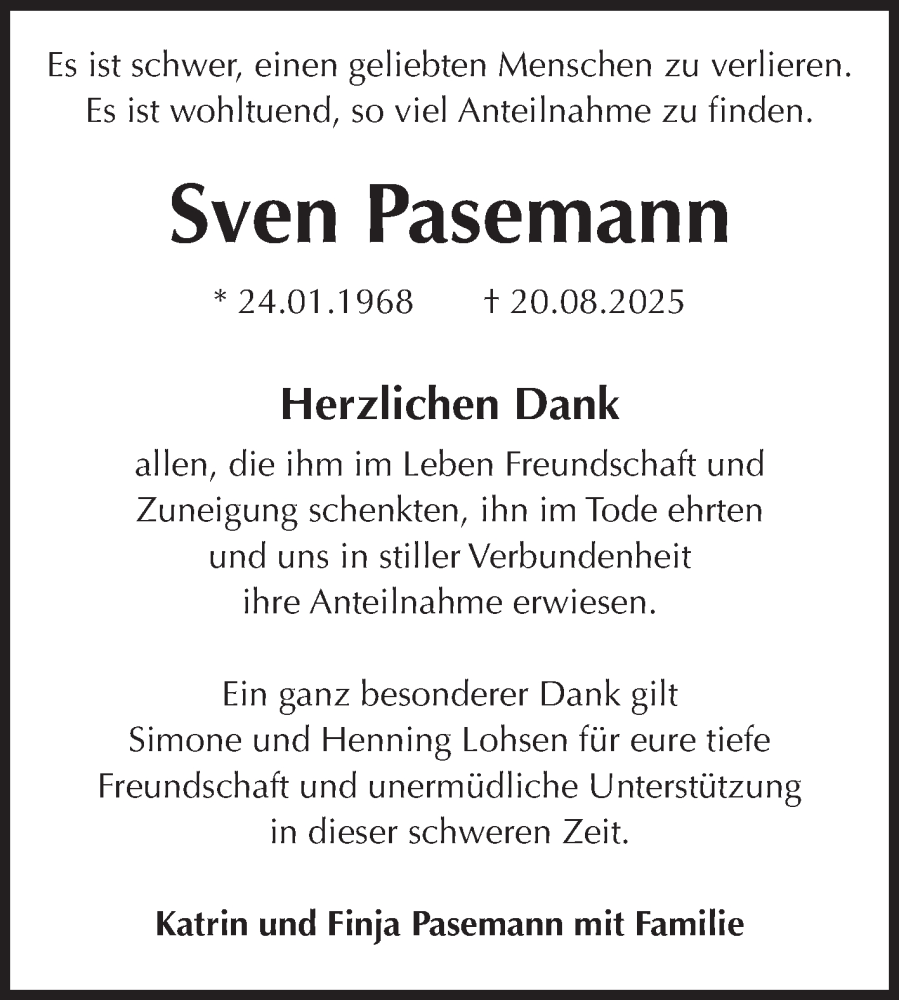  Traueranzeige für Sven Pasemann vom 13.09.2025 aus Volksstimme Altmark West
