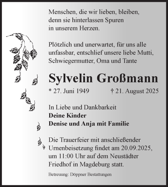 Traueranzeige von Sylvelin Großmann von Volksstimme Magdeburg