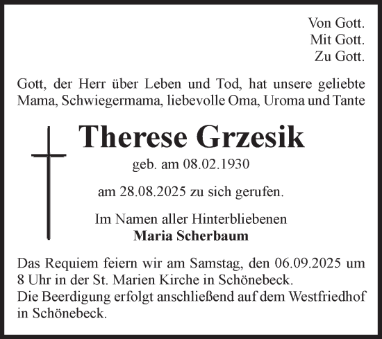 Traueranzeige von Therese Grzesik von Volksstimme Schönebeck