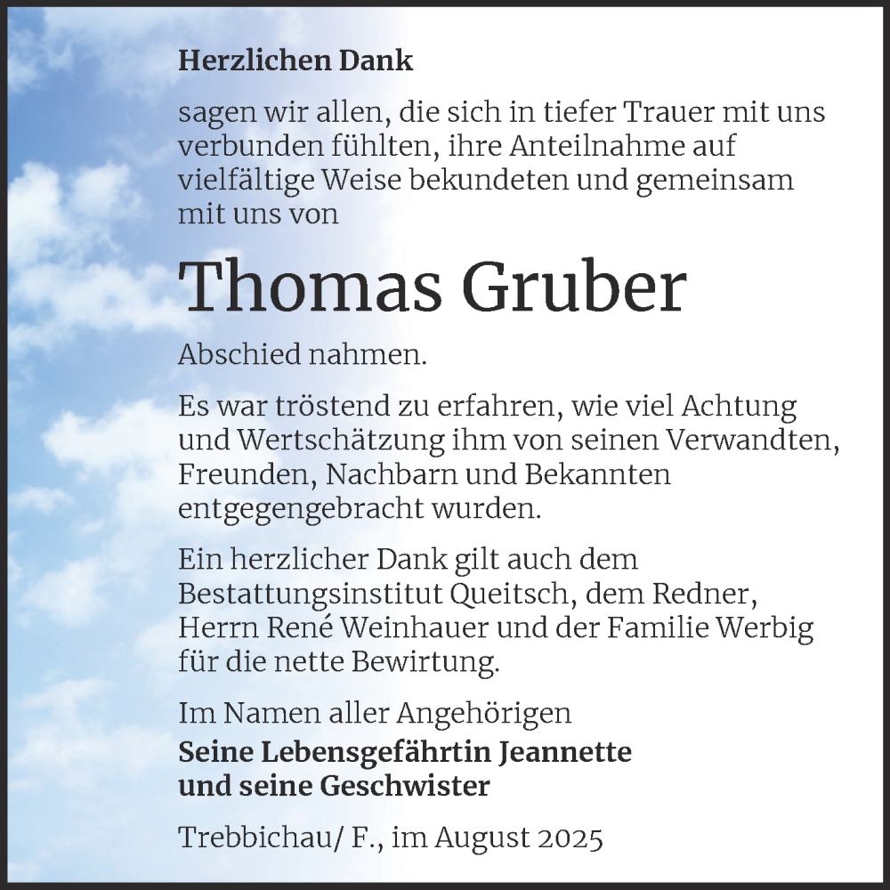  Traueranzeige für Thomas Gruber vom 06.09.2025 aus Trauerkombi Köthen