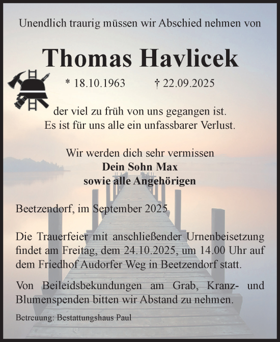 Traueranzeige von Thomas Havlicek von Volksstimme Altmark West