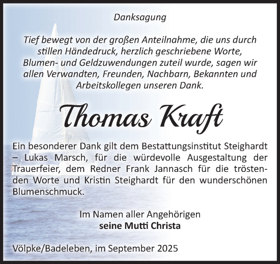 Traueranzeige von Thomas Kraft von Volksstimme Oschersleben/Wanzleben