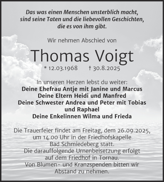 Traueranzeige von Thomas Voigt von Trauerkombi Wittenberg