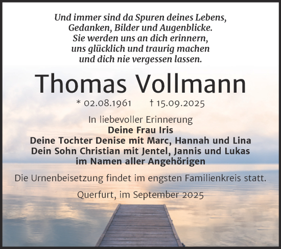 Traueranzeige von Thomas Vollmann von Super Sonntag Merseburg/Querfurt