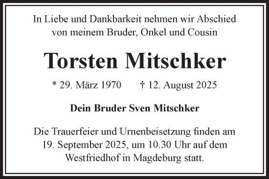 Traueranzeige von Torsten Mitschker von Volksstimme Magdeburg