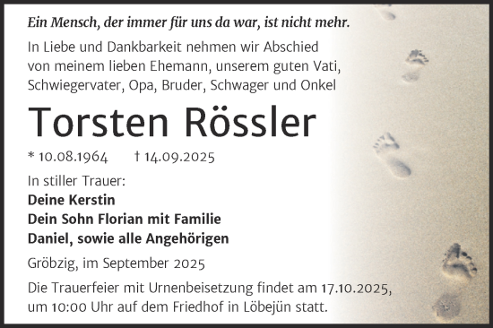 Traueranzeige von Torsten Rössler von Trauerkombi Köthen