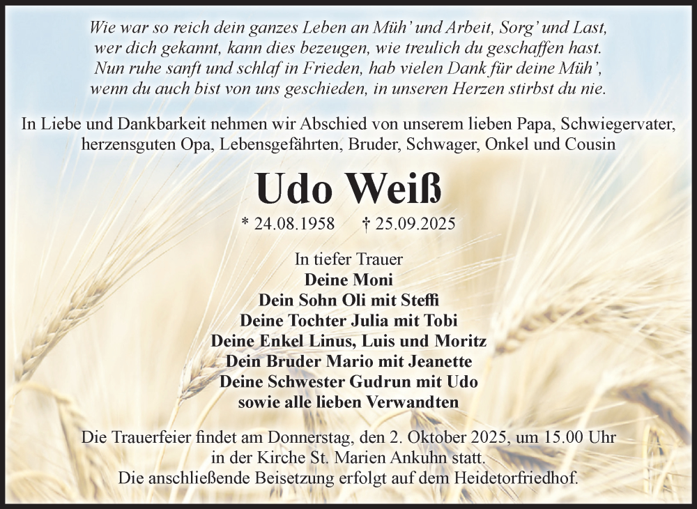  Traueranzeige für Udo Weiß vom 27.09.2025 aus Volksstimme Zerbst