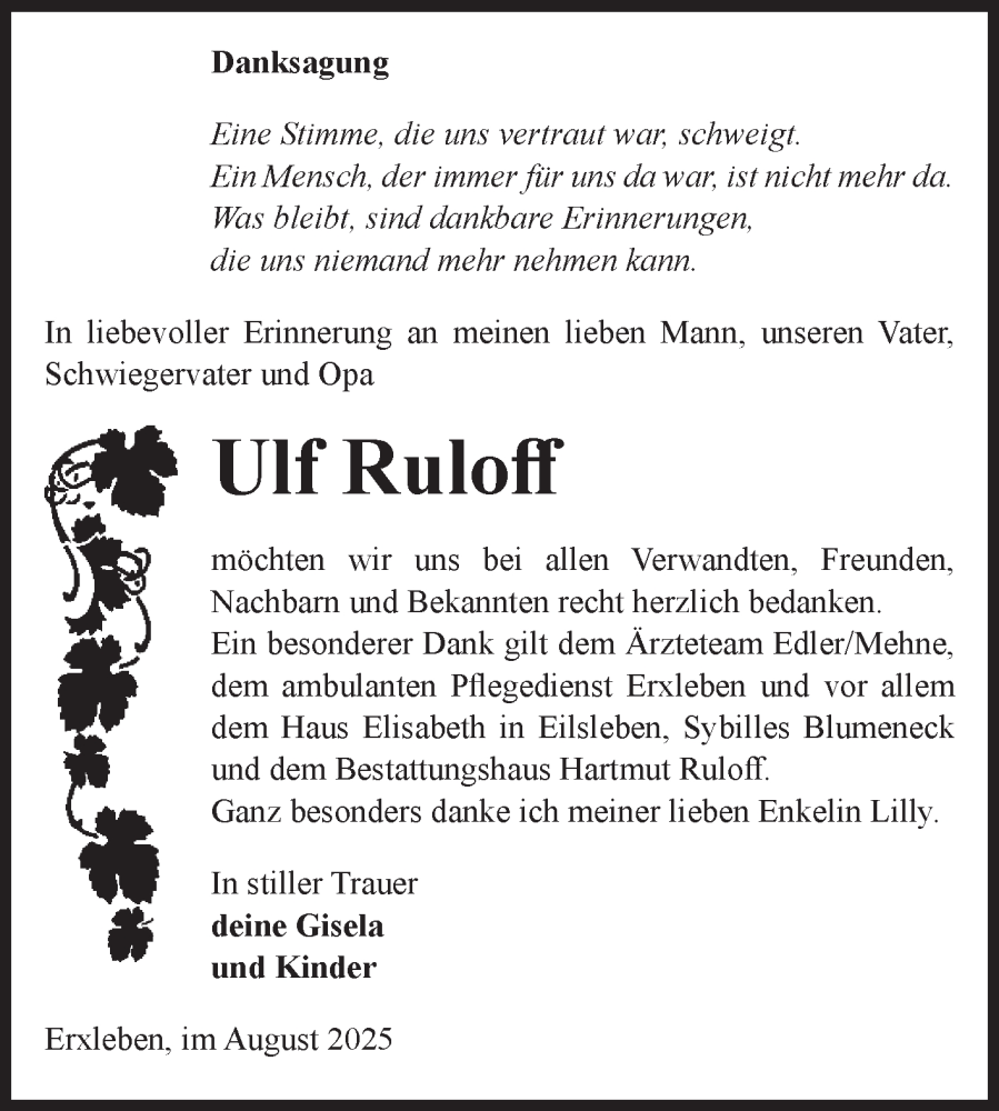  Traueranzeige für Ulf Ruloff vom 13.09.2025 aus Volksstimme Haldensleben/Wolmirstedt