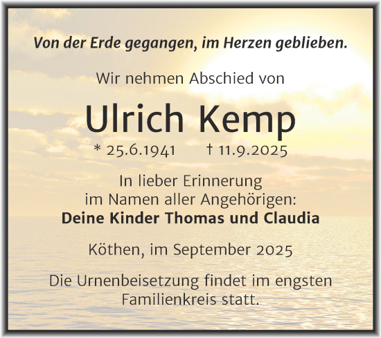 Traueranzeige von Ulrich Kemp von Trauerkombi Köthen