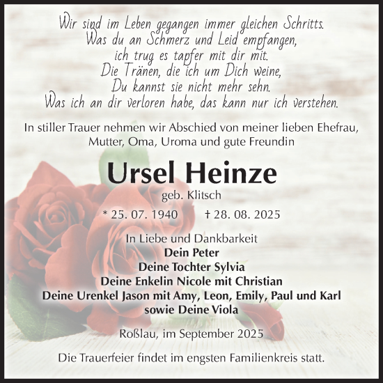 Traueranzeige von Ursel Heinze von Super Sonntag Dessau-Roßlau