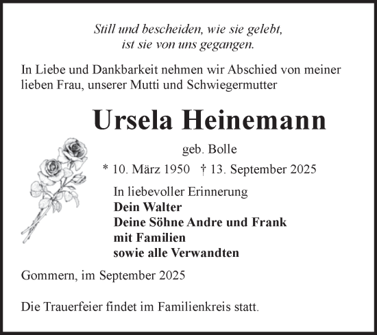 Traueranzeige von Ursela Heinemann von Volksstimme Burg/Genthin