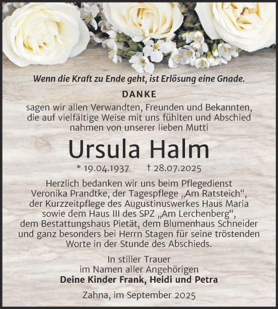 Traueranzeige von Ursula Halm von Trauerkombi Wittenberg