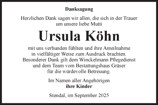 Traueranzeige von Ursula Köhn von Volksstimme Altmark Ost