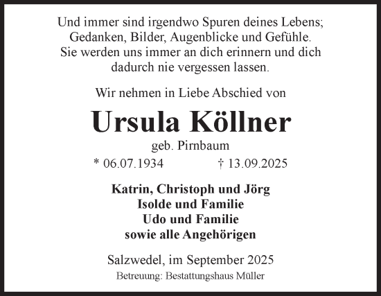 Traueranzeige von Ursula Köllner von Volksstimme Altmark West