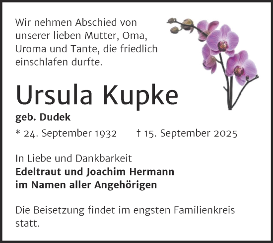 Traueranzeige von Ursula Kupke von Mitteldeutsche Zeitung Halle/Saalkreis