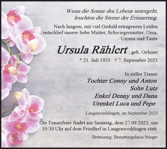 Traueranzeige von Ursula Rählert von Volksstimme Oschersleben/Wanzleben