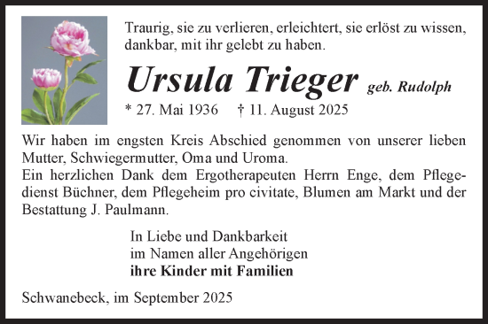 Traueranzeige von Ursula Trieger von Volksstimme Halberstadt