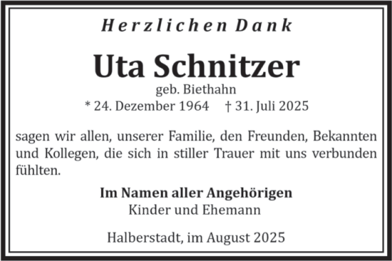 Traueranzeige von Uta Schnitzer von Volksstimme Halberstadt