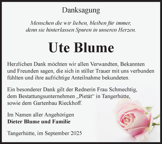 Traueranzeige von Ute Blume von Volksstimme Altmark Ost