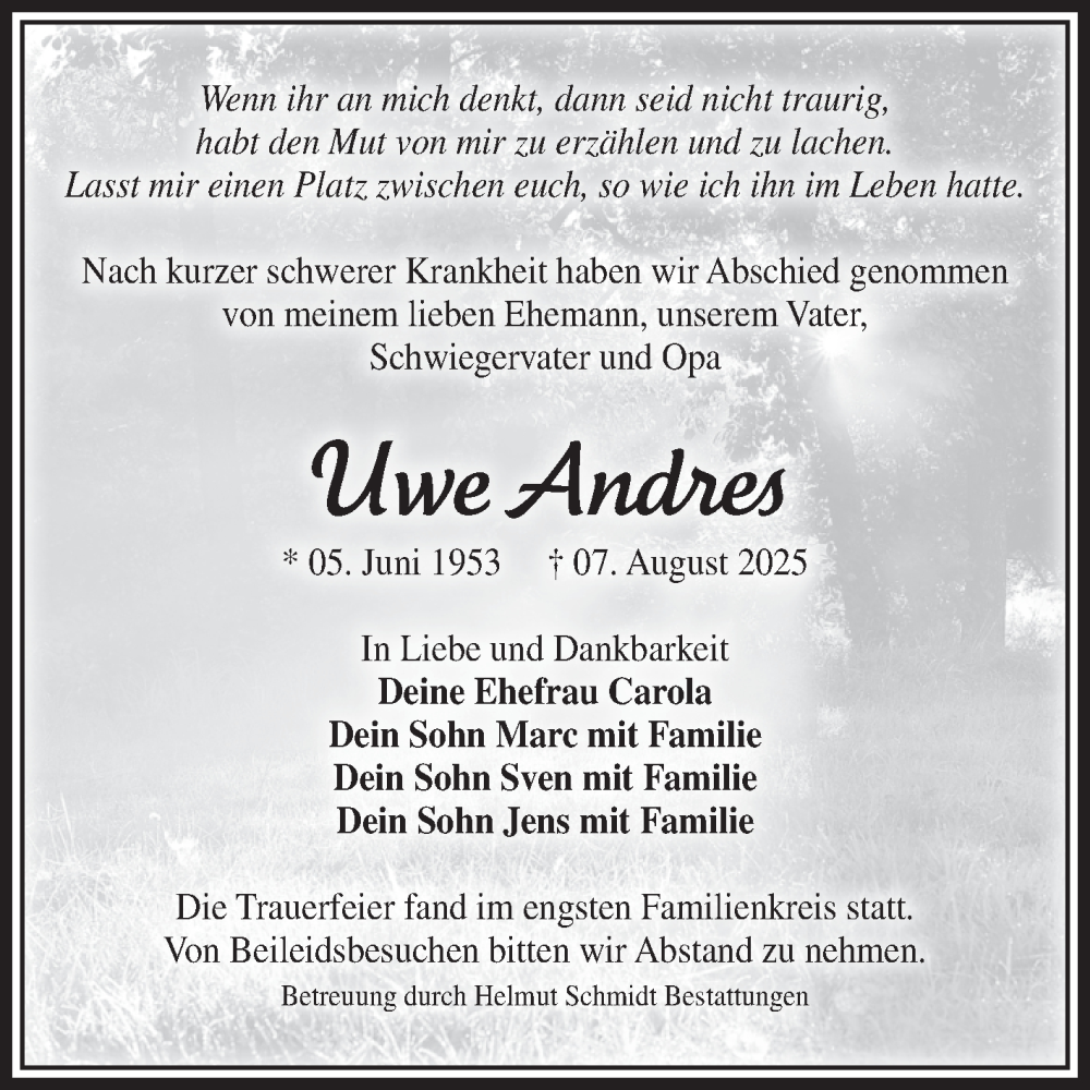  Traueranzeige für Uwe Andres vom 13.09.2025 aus Volksstimme Magdeburg
