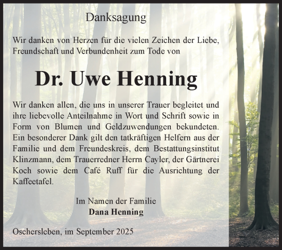 Traueranzeige von Uwe Henning von Volksstimme Oschersleben/Wanzleben
