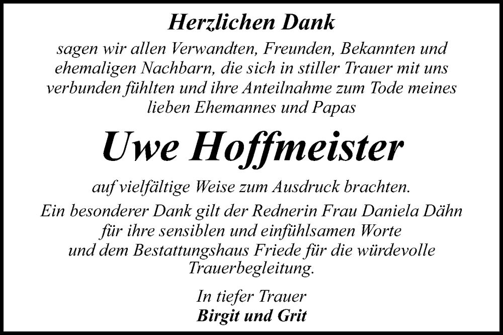  Traueranzeige für Uwe Hoffmeister vom 13.09.2025 aus Trauerkombi Dessau