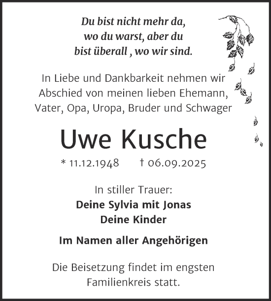Traueranzeige von Uwe Kusche von Trauerkombi Wittenberg