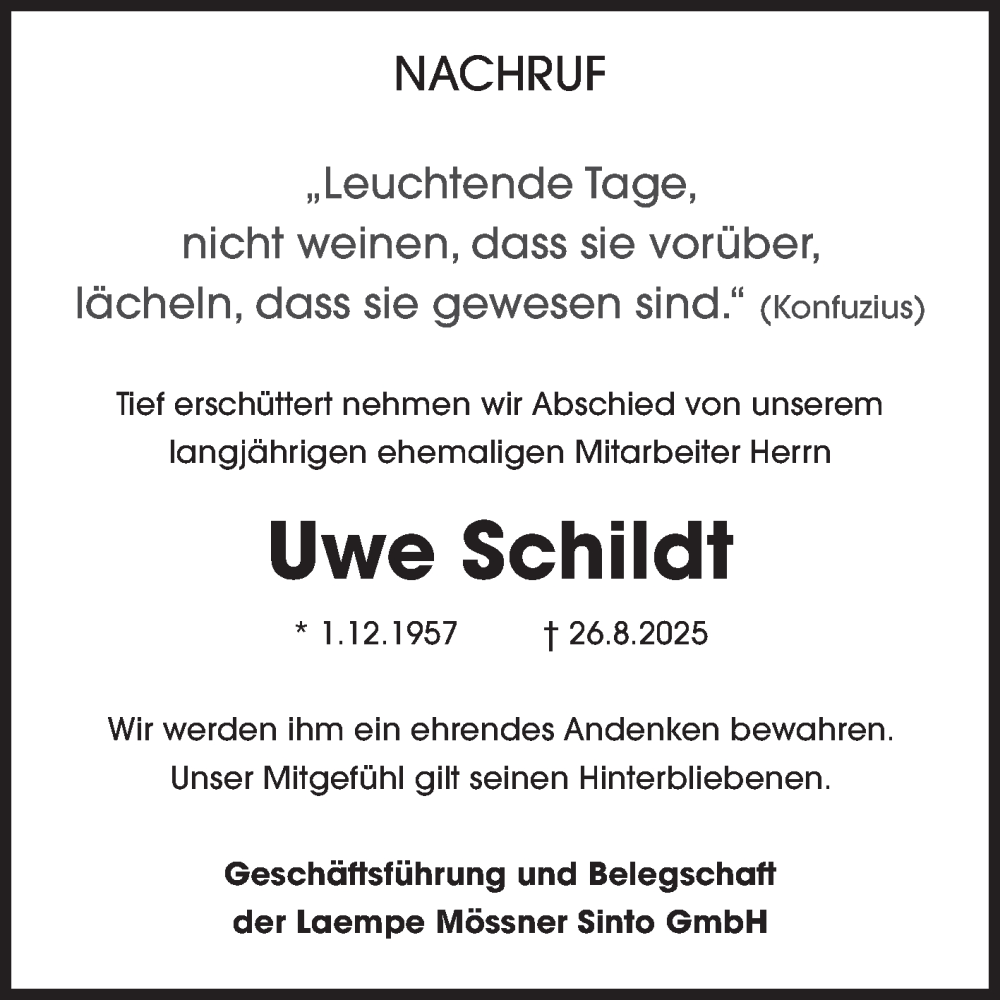  Traueranzeige für Uwe Schildt vom 24.09.2025 aus Volksstimme Haldensleben/Wolmirstedt