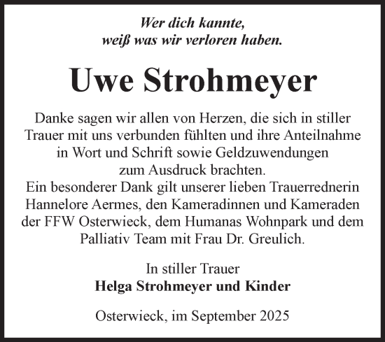 Traueranzeige von Uwe Strohmeyer von Volksstimme Halberstadt