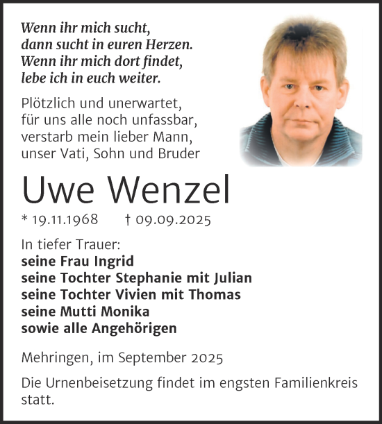 Traueranzeige von Uwe Wenzel von Trauerkombi Aschersleben