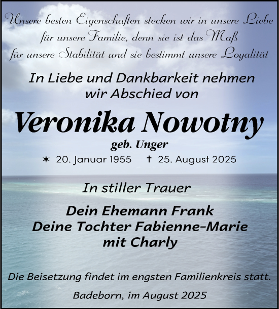 Traueranzeige von Veronika Nowotny von Trauerkombi Quedlinburg