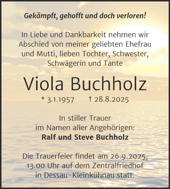 Traueranzeige von Viola Buchholz von Trauerkombi Dessau