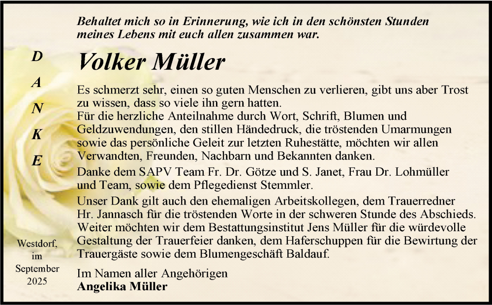  Traueranzeige für Volker Müller vom 27.09.2025 aus Trauerkombi Aschersleben