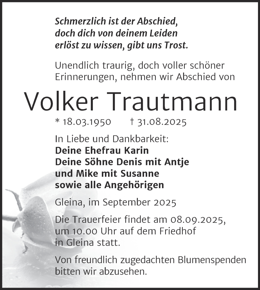  Traueranzeige für Volker Trautmann vom 06.09.2025 aus Naumburger Tageblatt