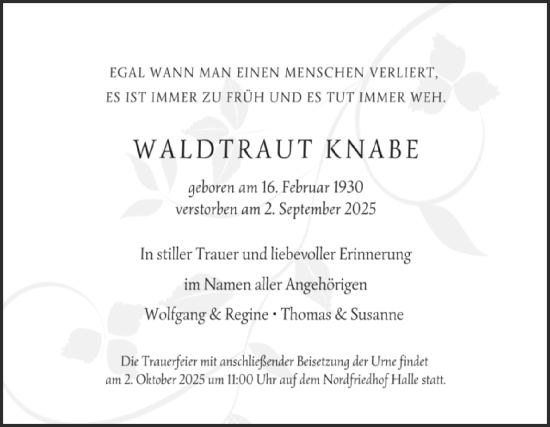 Traueranzeige von Waldtraut Knabe von Mitteldeutsche Zeitung Halle/Saalkreis
