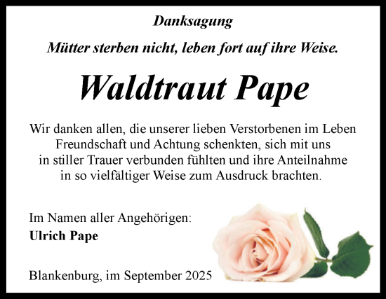 Traueranzeige von Waldtraut Pape von Volksstimme Wernigerode