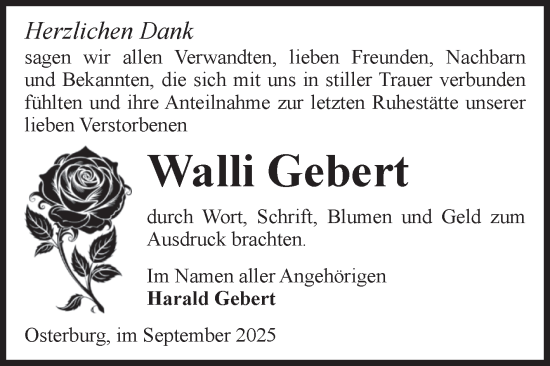 Traueranzeige von Walli Gebert von Volksstimme Altmark Ost