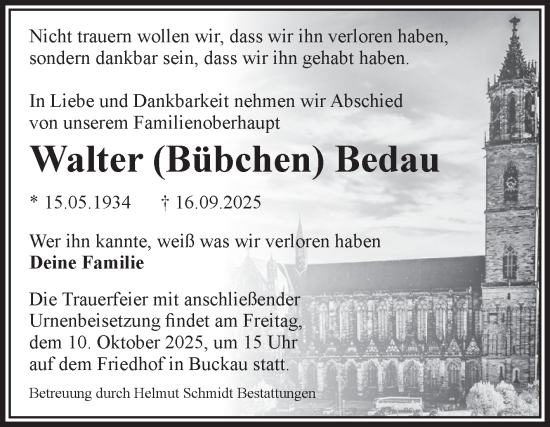 Traueranzeige von Walter Bedau von Volksstimme Magdeburg