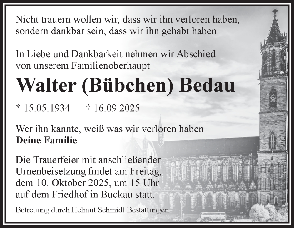  Traueranzeige für Walter Bedau vom 27.09.2025 aus Volksstimme Magdeburg