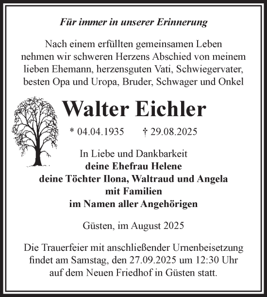 Traueranzeige von Walter Eichler von Volksstimme Staßfurt