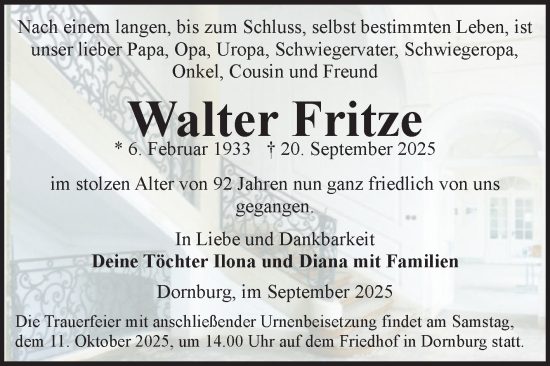 Traueranzeige von Walter Fritze von Volksstimme Burg/Genthin