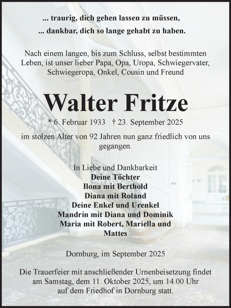  Traueranzeige für Walter Fritze vom 27.09.2025 aus Volksstimme Zerbst