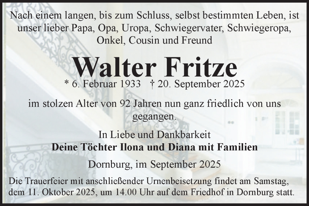  Traueranzeige für Walter Fritze vom 27.09.2025 aus Volksstimme Burg/Genthin