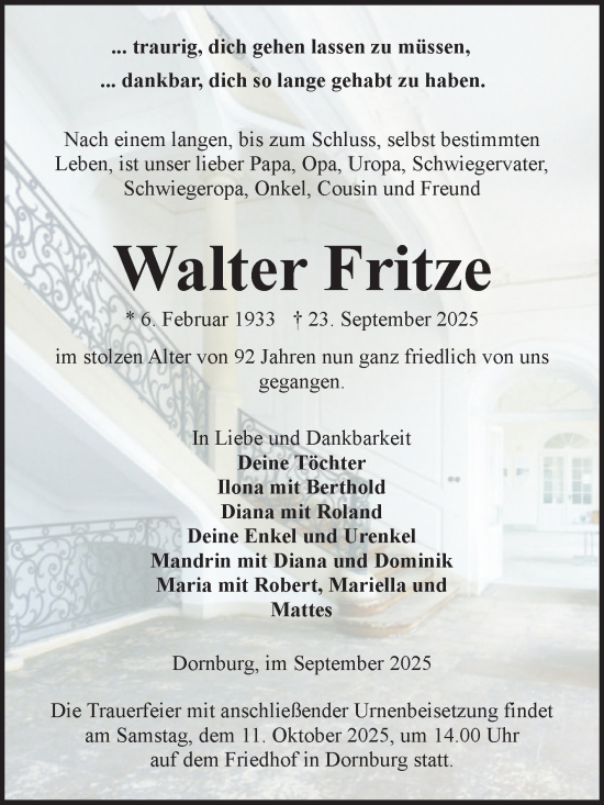 Traueranzeige von Walter Fritze von Volksstimme Zerbst