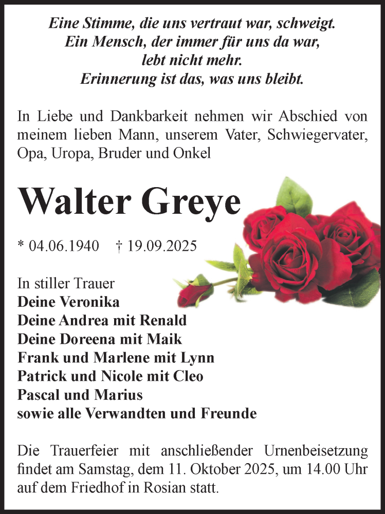  Traueranzeige für Walter Greye vom 27.09.2025 aus Volksstimme Zerbst