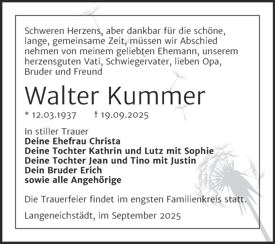 Traueranzeige von Walter Kummer von Trauerkombi Merseburg