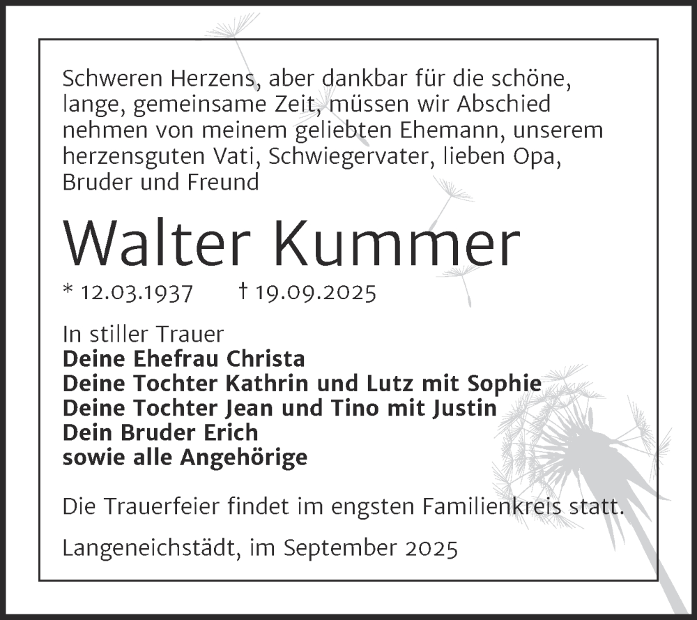  Traueranzeige für Walter Kummer vom 27.09.2025 aus Trauerkombi Merseburg