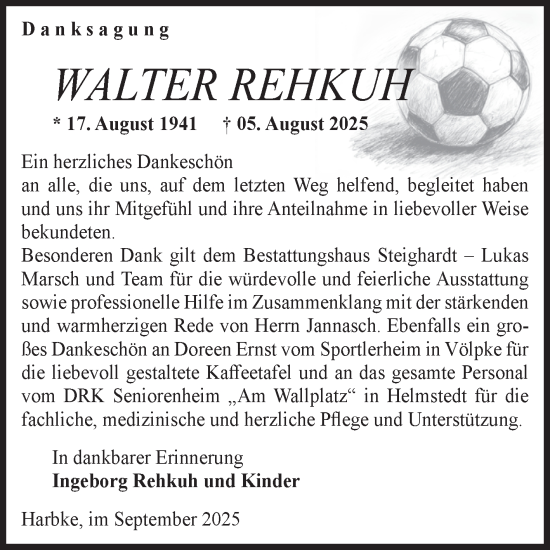 Traueranzeige von Walter Rehkuh von Volksstimme Oschersleben/Wanzleben