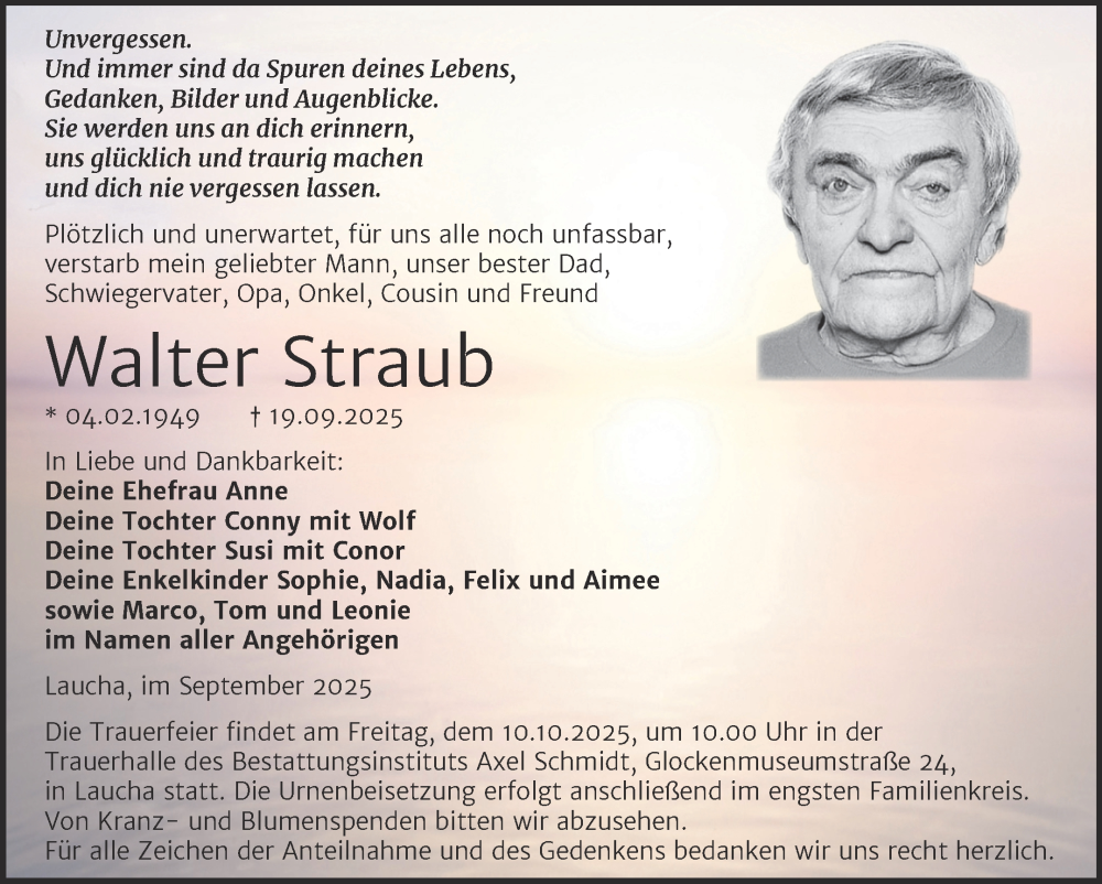  Traueranzeige für Walter Straub vom 27.09.2025 aus Super Sonntag Naumburg/Nebra